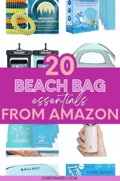 beach bag essentials from amazon with text overlay that reads 20 beach bag essentials from amazon