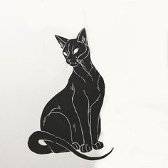 a drawing of a black cat sitting on top of a white wall next to a clock