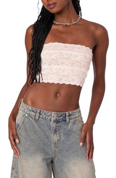 This cool cropped tube top is crafted from lovely lace for day-to-date-night charm. Strapless 95% polyester, 5% spandex Machine wash, dry flat Imported