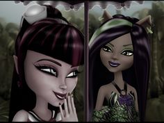 an animated image of a woman with long hair and cat ears on her head, looking at herself in the mirror