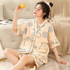 Color: Beige Duck, Size: M Casual Beige Sleepwear For Pajama Party, Beige Summer Sleepwear For Home, Cream Summer Sleepwear For Lounging, Casual Cream Sleepwear For Home, Casual Beige Sleepwear For Spring, Casual Beige Spring Sleepwear, Beige Relaxed Fit Sleepwear For Spring, Beige Spring Sleepwear For Home, Spring Beige Sleepwear