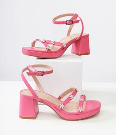 Pink Leatherette & Rhinestone Floral Platform Heels - Unique Vintage - Womens, SHOES, HEELS Open Toed Booties, Heels Unique, Clear High Heels, Soda Shoes, Beige Heels, Braided Sandals, Velvet Heels, Floral Studs, Round Toe Pumps