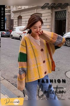 Autumn Winter Contrast Knitted Cardigan Women Thickened Loose Korean Color Matching Sweater Coat Streetwear Women's Clothing Top Beige Patchwork Sweater For Winter, Beige Patchwork Cardigan For Winter, Casual Patchwork Cardigan For Fall, Winter Acrylic Outerwear With Patchwork, Fall Knit Cardigan With Patchwork, Yellow Long Sleeve Cardigan For Fall, Yellow Patchwork Sweater For Winter, Fall Patchwork Cardigan For Layering, Knit Patchwork Cardigan For Fall