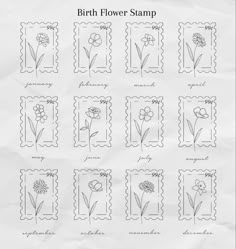 some stamps with flowers on them and the words birth flower stamp