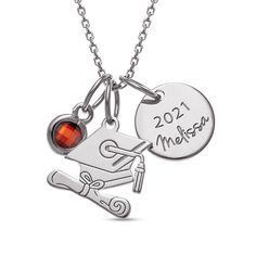 She’ll proudly remember her high school years with this personalized charm pendant. This style features a cluster of charms she will love to show off including a graduation cap and diploma charm, a brilliant 4.0mm bezel-set simulated birthstone charm, and a 10.0mm round polished disc you can personalize with her name, up to nine characters in length, and 4-digit graduating year! The clustered design suspends along an 18.0-inch cable chain, with a 2.0-extender, that secures with a spring-ring cla Customizable Adjustable Jewelry For School, Personalized Silver Necklace For Graduation, Personalized Silver Necklace For Graduation Gift, Personalized Adjustable Pendant Charm, Customizable Adjustable Sterling Silver Charm Necklace, Adjustable Customizable Sterling Silver Charm Necklaces, Graduation Cap And Diploma, Cap And Diploma, High School Years