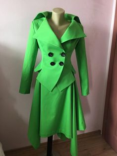 Stylish Extravagant women's Green suit.Fully lined jacket with Length 58cm at back. Skirt with knee length,unlined. SIZE CHARTSIZE S - US 6, UK 8, EU 36bust: bust around 34.5”/90cmWaist: waist around 27.5”/70cmHips: hips around 34.5”/90cmSIZE M - US 8, UK 10, EU 38bust: bust around 37.5”/95cmWaist: waist around 29.5”/75cmHips: hips around 37.5”/95cmSIZE L - US 10, UK 12, EU 40bust: bust around 39.5"/100cmWaist: waist around 31.5”/80cmHips: hips around 39.5”/100cmSIZE XL - US 12, UK 14 , EU42 bus Winter Party Tailored Skirt Suit, Fitted Green Evening Blazer, Green Fitted Evening Blazer, Fitted Green Blazer For Evening, Tailored Skirt Suit For Winter Party, Winter Party Long Sleeve Skirt Suit, Elegant Long Sleeve Costume Blazer, Elegant Long Sleeve Blazer For Costume, Fitted Long Sleeve Skirt Suit For Winter