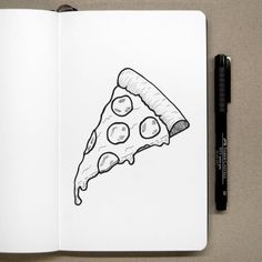 a drawing of a slice of pizza on top of a book next to a pen