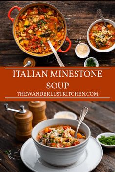 italian minestone soup in a white bowl with spoons and garnishes