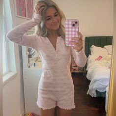 This Adorable Pink Pj Romper With Delicate Bow Patterns Is Perfect For Lounging In Style! It’s Soft, Cozy, And Still Has The Original Tags Attached. Never Worn, In Excellent Condition. Get It Now For A Great Deal! Tagged For Exposure Onesie Pjs, Pj Romper, Pink Loungewear, Better Everyday, Long Sleeve Pajamas, Pink Pajamas, Onesie Pajamas