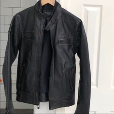 Used Just Once... Pretty Much Brand New. Casual Distressed Leather Biker Jacket, Casual Distressed Leather Jacket For Winter, Fitted Black Distressed Outerwear, Casual Distressed Brown Biker Jacket, Fitted Rugged Leather Jacket For Streetwear, Casual Fitted Distressed Brown Biker Jacket, Fitted Black Distressed Leather Jacket, Black Distressed Fitted Leather Jacket, Fitted Black Rugged Leather Jacket