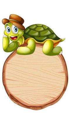 a turtle sitting on top of a wooden sign with an empty board in front of it