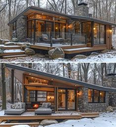 two pictures of a small cabin in the woods with snow on the ground and outside