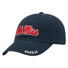 the mississippi hat in navy with red and white letters on it, which reads ole miss