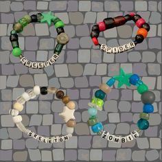 This bracelet set is themed around the first four mobs in Minecraft! While these are part of my Minecraft collection, they are also random words, and can fit in that category as well. While none of my bracelets are made the same twice, these bracelets will always read "Zombie," "Skeleton," "Spider," and "Creeper," and will be colored according to the Minecraft mob! Minecraft Bracelet Pattern, Regretevator Bracelet, Minecraft Bracelet, Zombie Kandi, Minecraft Kandi, Minecraft Jewelry, Kandi Bracelets Scene, Character Kandi Bracelets