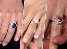 three different pictures of people's hands and engagement rings