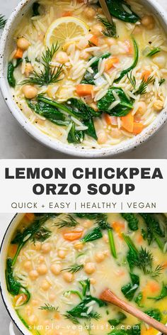 lemon chickpea orzo soup in a white bowl