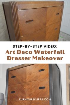 Step into the glamour of Art Deco with our Waterfall Dresser Makeover! Our full video process shows you how to turn an old dresser into a chic and stylish addition to your home. Perfect for DIY enthusiasts and vintage lovers alike. Art Deco Waterfall Furniture, Waterfall Chest Makeover, Waterfall Dresser Makeover Vintage, Art Deco Dresser Makeover, Waterfall Furniture Makeover, Waterfall Dresser Makeover, Art Deco Waterfall Dresser, Diy Old Furniture Makeover, Waterfall Diy