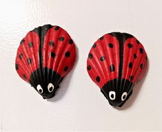 two red and black ladybug shells with eyes on them sitting on a white surface