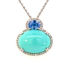 Magnificent Natural Persian Turquoise Sapphire and Diamond Pendant Necklace 17" 14k White Gold 19.03 TCW Certified $6,950 311694Nothing says, “I Love you” more than Diamonds and Pearls!This Turquoise and diamond necklace has been Certified, Inspected, and Appraised by Gemological Appraisal LaboratoryGemological Appraisal Laboratory of America is a proud member of:- GIA Alumni Association- National Association of Jewelry Appraisers- International Consortium Gem-Testing Laboratories- Gemological A Turquoise Diamond Necklace In Fine Jewelry Style, Turquoise Diamond Necklace Fine Jewelry, Luxury Turquoise Necklace With Cabochon, Luxury Turquoise Oval Necklace, Turquoise Gemstones For Gift, Fine Jewelry Style, Turquoise Fine Jewelry Gemstones As A Gift, Blue Oval Cabochon Gemstone Jewelry, Blue Oval Cabochon Jewelry With Gemstone Accents, Turquoise Multi-stone Round Necklace