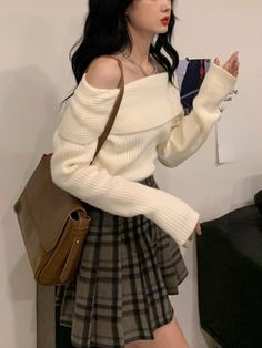 Off Shoulder Knitted Sweater Women Long Sleeve Elegant Pullovers - Beige,L Mode Ulzzang, Knitting Women Sweater, Inspired Outfits, 가을 패션, Really Cute Outfits, Korean Outfits, Casual Style Outfits, Kawaii Fashion, Knitted Sweater