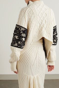 ERDEM Lace-trimmed embellished cable-knit wool-blend sweater | NET-A-PORTER Knitting Fashion, Knitwear Trends, Patchwork Sweater, Cable Pattern, Embellished Sweaters, Sweater Trends, Knitwear Fashion, Junya Watanabe, Looks Chic