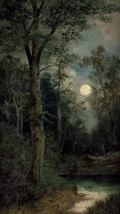 an image of a painting with trees and moon in the sky above it by some water