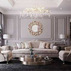 a living room filled with furniture and a chandelier