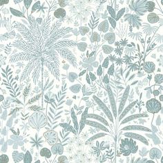 a blue and white floral wallpaper with lots of green leaves on the bottom half of it