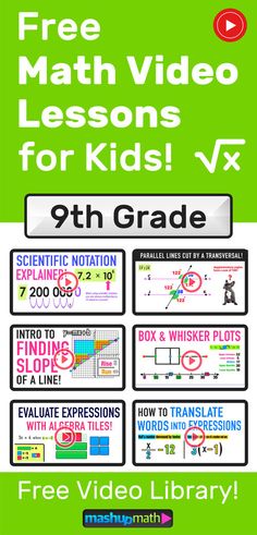 a poster with the words free math video lessons for kids v5, 8th grade