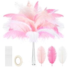 pink and white feathers are arranged next to a hair comb, scissors, and tape