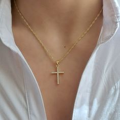 Gold Filled Cross Necklace, Religious Cross Charm Necklace, Dainty Cross Necklace, Cubic Zirconia Gold Necklace, Christian Cross Necklace  ♥ Each piece looks beautiful alone or great for laying.  ♥ I ensure a high-quality piece of jewelry you can wear for a long time (Please read care instructions below).    Made with high quality of Stainless steel, 18K gold filled and real 18K gold plated tarnish resistant, Hypoallergenic, lead and nickel free.    (This gold plated have 3x layers of solid 18k Gold Crystal Rhinestone Cross Pendant Necklace, Crystal Cross Pendant Clavicle Necklace, Gold Cross Pendant Necklace With Bling, Gold Bling Cross Pendant Necklace, Gold Cross Crystal Necklace, Gold Cross Necklace With Crystal, Gold Crystal Cross Necklace, Crystal Rhinestone Cross Necklace As Gift, Crystal Rhinestone Cross Necklace For Gift