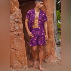 Lightweight And Stylish! Button-Down Closure Slim Fit Model Is Wearing A Large Women’s Suit And Sarong Available In Separate Listings Along With The Men’s Trunks. Luxury Casual Swim Trunks For Pool, Cheap Upf 50+ Swim Trunks For Beachwear, Luxury Short Swim Trunks For Poolside, Luxury Short Swim Trunks For Pool, Luxury Casual Swim Trunks In Short Length, Cheap Summer Swim Trunks, Luxury Casual Swim Trunks For Summer, Purple Summer Vacation Shirt, Purple Short Sleeve Shirt For Vacation