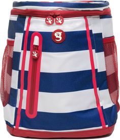 a blue and white striped backpack with red accents on the front, zippers at the bottom