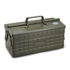 the large tool box is green and has handles