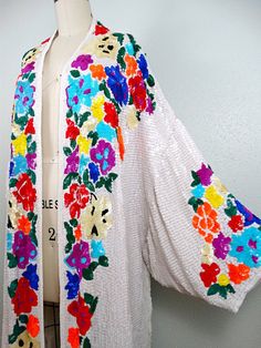 VTG Bright Sequin Kimono Jacket / Bohemian Novelty Open by braxae Spring Bohemian Outerwear With Sequins, Bohemian Kimono With Multicolor Embroidery, Multicolor Floral Embroidered Kimono For Festivals, Bohemian Multicolor Embroidered Kimono, Bohemian Multicolor Embroidered Outerwear, Pink Embroidered Bohemian Outerwear, Sequin Duster, Sequin Kimono, Checkered Jacket