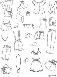 paper doll clothes and accessories are shown in black and white