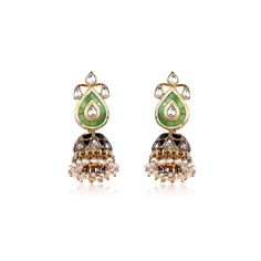 Introducing our Amara Mini Jhumkis – a blend of tradition and modern elegance. These Indian jhumka silver earrings feature pastel green stones in jadau craft on the studs, with a central polki. The jhumki showcases alternate polki and black stones in a captivating jadau style. Crafted in silver, gold-plated for a premium look, these chandi ka jhumka earrings redefine sophistication. Shop online for pearl jhumka earrings with kundan jadau polki design, embracing the allure of chandi ki earrings. Elegant Designer Jhumkas For Festive Occasions, Elegant Designer Festive Jhumkas, Festive Elegant Designer Jhumkas, Traditional Designer Earrings For Diwali, Designer Chandbali Earrings With Latkans, Designer Fusion Meenakari Earrings, Festive Designer Earrings With Latkans, Designer Meenakari Fusion Earrings, Elegant Designer Chandbali Jhumkas