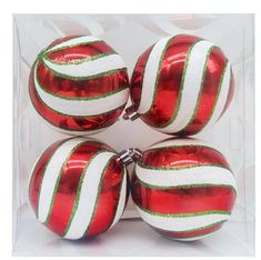 four red and white ornaments in a clear box