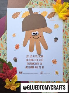 a card with an image of a hand and leaves on it that says, just like a little worm that grows to be a tree i'm growing every day and learning what all else