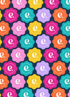 colorful badges with the letter e in different colors on a black background seamless pattern