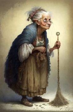 an old woman holding a broom and looking at the ground