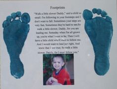 a baby's hand and foot prints are displayed on a white board with blue ink