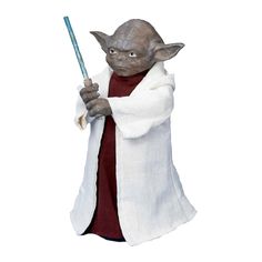 a statue of yoda holding a wand in his hand and wearing a white robe