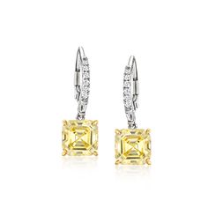 Ross-Simons - 6.18ct t. w. Yellow, White Cubic Zirconia Drop Earrings in 18kt Gold Over, Silver. Acquire the look of stunning canary diamonds for a fraction of the price! This convincing pair of drop earrings features sunny 6.00 ct. t. w. square Asscher-cut yellow CZs in 18kt yellow gold over sterling silver prongs, dangling beneath .18 ct. t. w. tapered baguette and round brilliant-cut white CZ leverbacks. Crafted in polished sterling silver. Hanging length is 7/8". White and yellow CZ drop ear Yellow Diamond Cut Fine Jewelry Earrings, Yellow Diamond Cut Earrings Fine Jewelry, Formal Yellow Diamond Earrings With Diamond Cut, Formal Yellow Diamond Cut Earrings, Elegant Yellow Diamond Earrings With Diamond Accents, Elegant Yellow Diamond Earrings With Accents, Yellow Brilliant Cut Cubic Zirconia Earrings, Brilliant Cut Yellow Cubic Zirconia Earrings, Elegant Yellow Diamond-cut Earrings