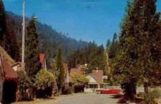 an old photo of a street with cars parked on the side and houses in the background