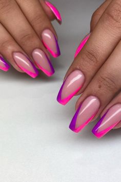 Unique French Tip Nails Coffin, Ombré Colored Nails, Ombre Different Color Nails, Nails With Tips Colored, Colored Ombre French Tip Nails, Color Tips Nails Acrylic, Coffin Tip Nails Design, Two Tone Tips Nails, Spring Almond Nails 2024