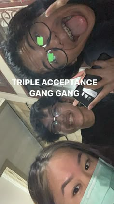 three people with glasses are posing for the camera and text reads triple appliance gang gang gang