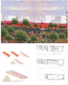 an architectural drawing shows the various sections of a building and its surroundings, including trees, bushes, and flowers