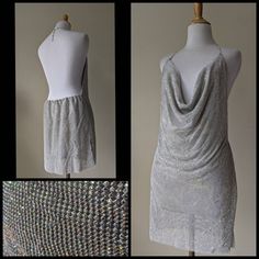 "Stunning Y2K vintage mini dress! Made of metal mesh with tiny set glass crystal aurora boreli stones. Halter top style fitted to adjust for lengths. Backless with elastic at the back waist for a comfortable fit. Side Slits for easy movement. Fully lined in a silver satin like polyester fabric. In excellent condition! Fits a small and up to a medium. Please check measurements to ensure the correct fit. Measurements: Total length: 33\" - 35\" Bust: up to 40\" Waist: 30\" Hips: 39\"" Vintage Mini Dress, Plunge Mini Dress, Vintage Mini Dresses, Deep Plunge, Red Floral Dress, Crystal Ab, House Dress, Metal Mesh, Stunning Necklace