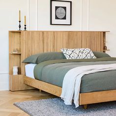 Oak King Sized Wood Headboard w/ Storage | Kouva | Article Wood Bed Headboard Design, Wood Panelling Headboard, Head Boards Design Wood, Diy Head Bed Board Ideas, Bed Board Ideas, Japanese Headboard, Bed Headboard Ideas, Headboard With Storage, Bed Shelf